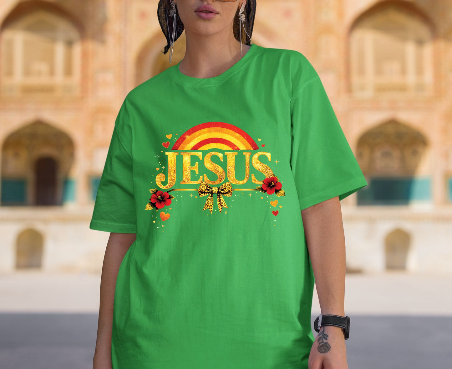Jesus Gold Glitter T Shirt Christian Rainbow Tee Religious Hibiscus Flower Shirt Faith Gift For Her Adult Youth Toddler Baby Boho Spiritual Apparel