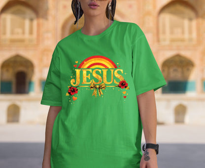 Jesus Gold Glitter T Shirt Christian Rainbow Tee Religious Hibiscus Flower Shirt Faith Gift For Her Adult Youth Toddler Baby Boho Spiritual Apparel