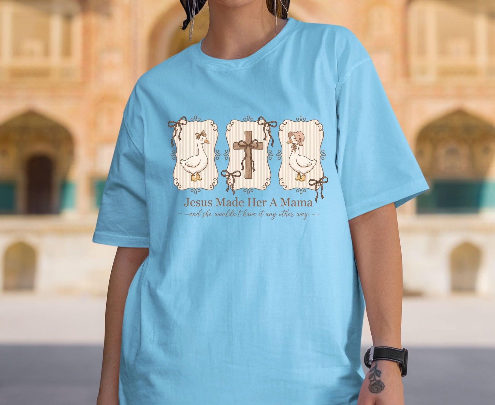 Jesus Made Her A Mama T Shirt Vintage Goose Cross Tee Christian Motherhood Shirt Religious Mom Gift Adult Youth Toddler Baby Sunday School Apparel