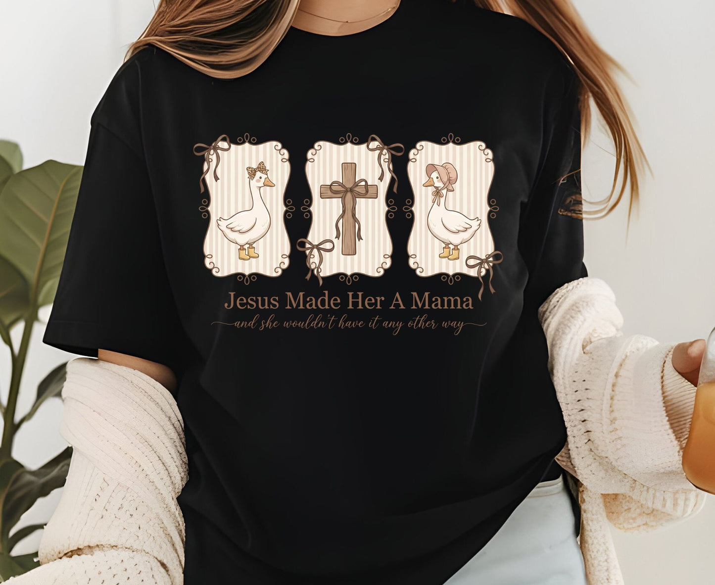 Jesus Made Her A Mama T Shirt Vintage Goose Cross Tee Christian Motherhood Shirt Religious Mom Gift Adult Youth Toddler Baby Sunday School Apparel