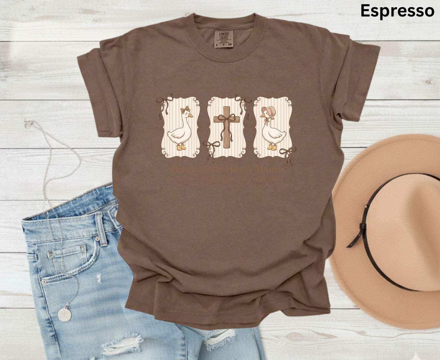 Jesus Made Her A Mama T Shirt Vintage Goose Cross Tee Christian Motherhood Shirt Religious Mom Gift Adult Youth Toddler Baby Sunday School Apparel