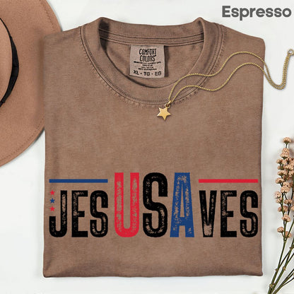 Jesus Saves USA Comfort Colors T Shirts Christian Patriotic Tee Religious American Flag Shirt Faith Cross Fourth of July Gifts