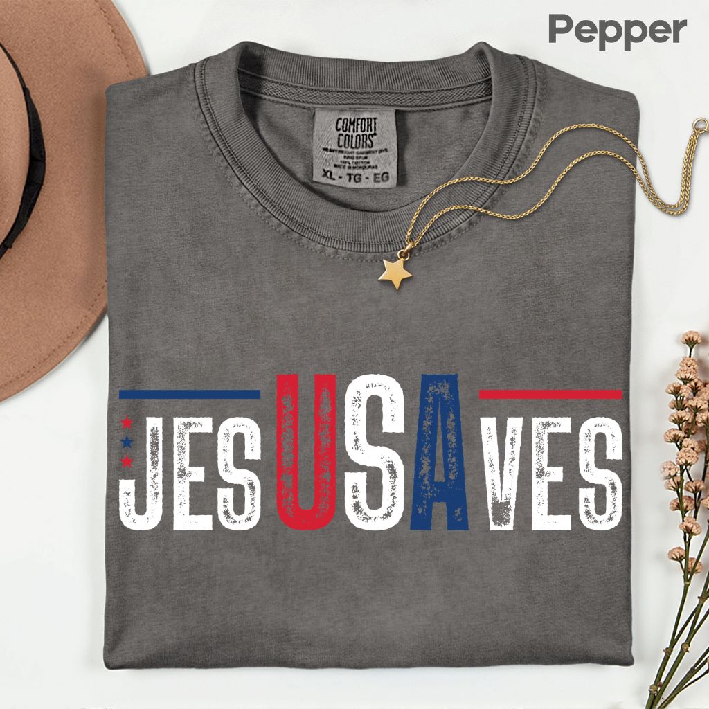 Jesus Saves USA Comfort Colors T Shirts Christian Patriotic Tee Religious American Flag Shirt Faith Cross Fourth of July Gifts