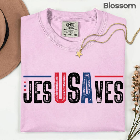 Jesus Saves USA Comfort Colors T Shirts Christian Patriotic Tee Religious American Flag Shirt Faith Cross Fourth of July Gifts