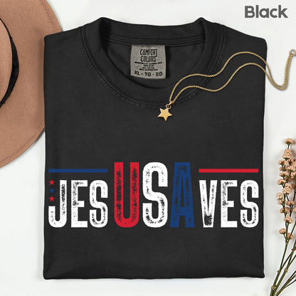 Jesus Saves USA Comfort Colors T Shirts Christian Patriotic Tee Religious American Flag Shirt Faith Cross Fourth of July Gifts