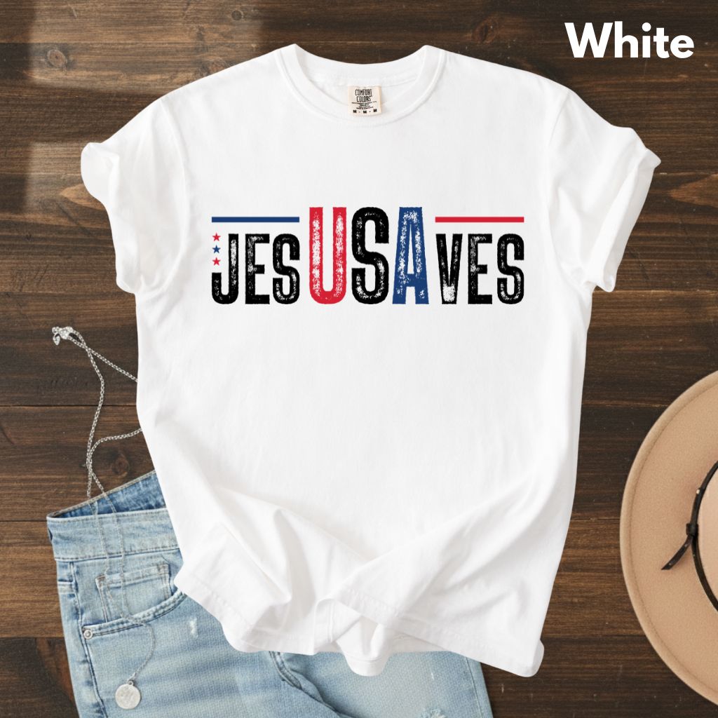 Jesus Saves USA Comfort Colors T Shirts Christian Patriotic Tee Religious American Flag Shirt Faith Cross Fourth of July Gifts