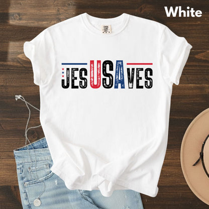 Jesus Saves USA Comfort Colors T Shirts Christian Patriotic Tee Religious American Flag Shirt Faith Cross Fourth of July Gifts