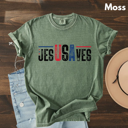 Jesus Saves USA Comfort Colors T Shirts Christian Patriotic Tee Religious American Flag Shirt Faith Cross Fourth of July Gifts