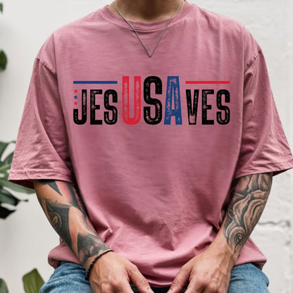 Jesus Saves USA Comfort Colors T Shirts Christian Patriotic Tee Religious American Flag Shirt Faith Cross Fourth of July Gifts