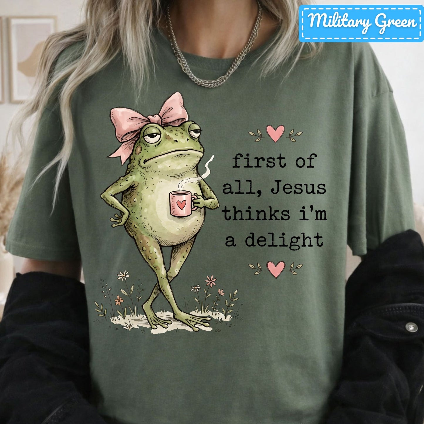 Jesus Thinks I'm a Delight Christian T-Shirt, Pink Bow Frog Sweatshirt, Coffee Tee