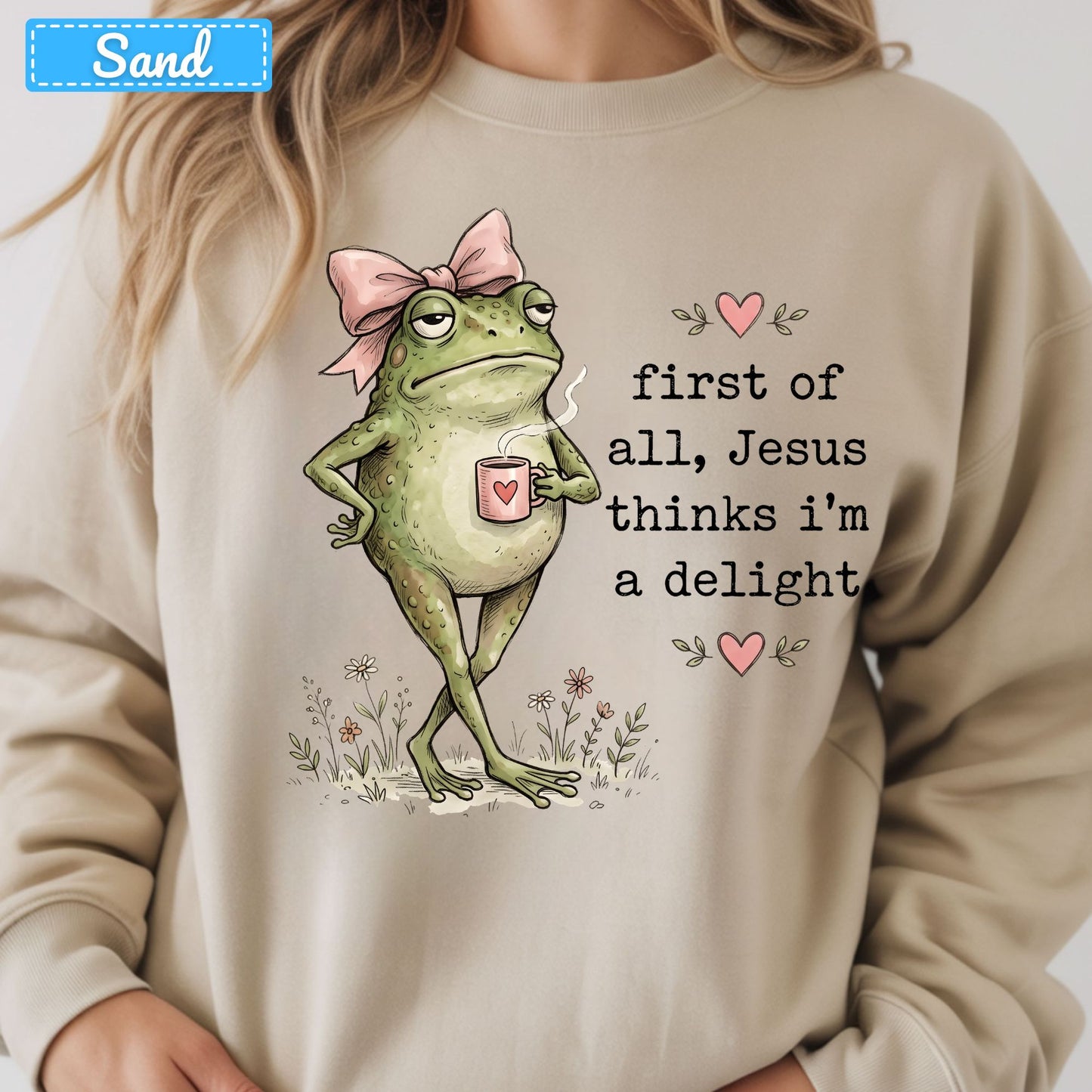 Jesus Thinks I'm a Delight Christian T-Shirt, Pink Bow Frog Sweatshirt, Coffee Tee