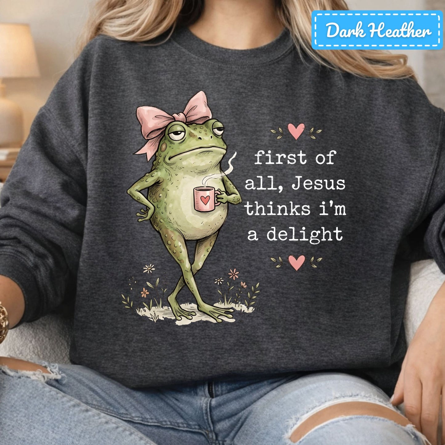 Jesus Thinks I'm a Delight Christian T-Shirt, Pink Bow Frog Sweatshirt, Coffee Tee