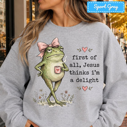 Jesus Thinks I'm a Delight Christian T-Shirt, Pink Bow Frog Sweatshirt, Coffee Tee