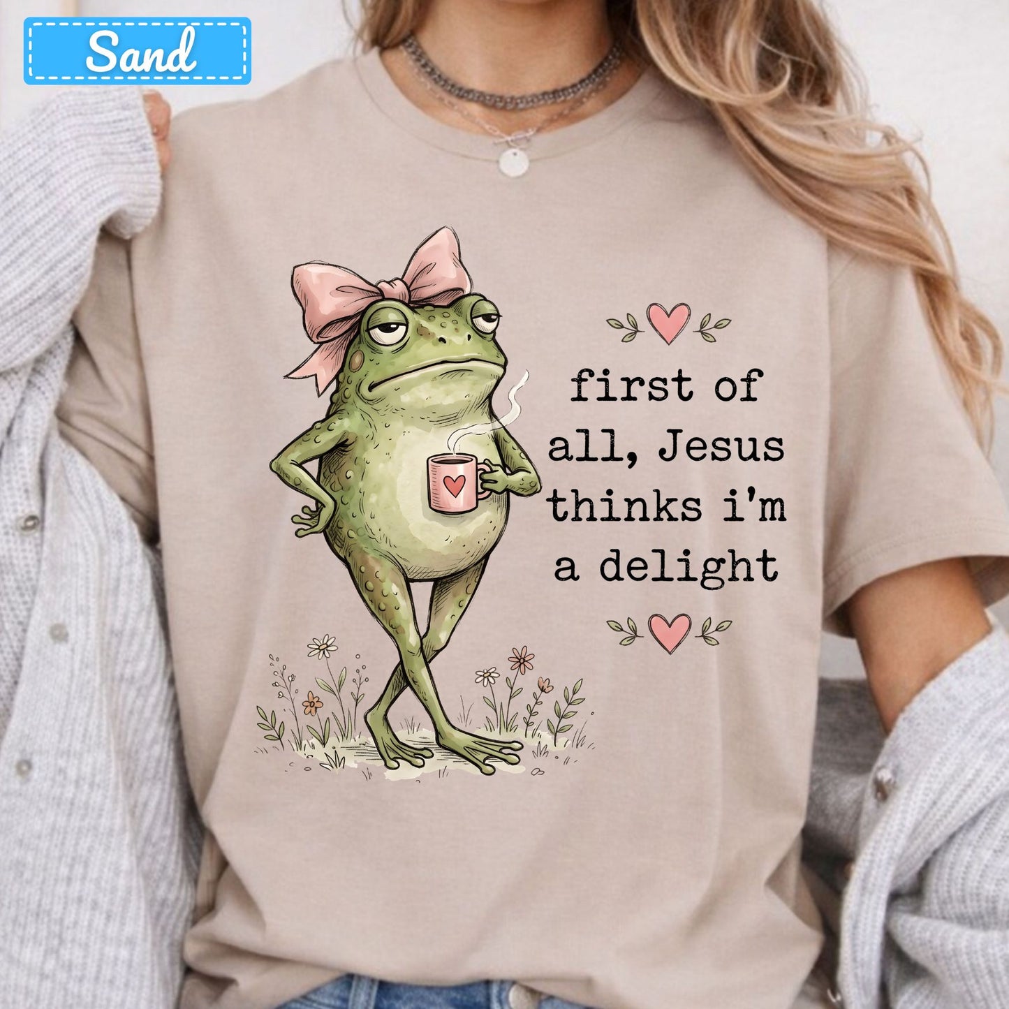 Jesus Thinks I'm a Delight Christian T-Shirt, Pink Bow Frog Sweatshirt, Coffee Tee