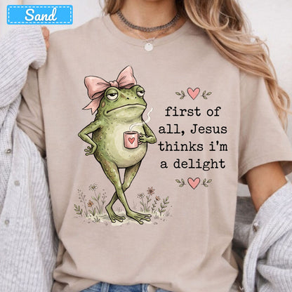Jesus Thinks I'm a Delight Christian T-Shirt, Pink Bow Frog Sweatshirt, Coffee Tee