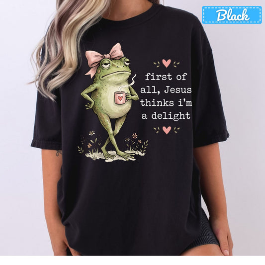 Jesus Thinks I'm a Delight Christian T-Shirt, Pink Bow Frog Sweatshirt, Coffee Tee