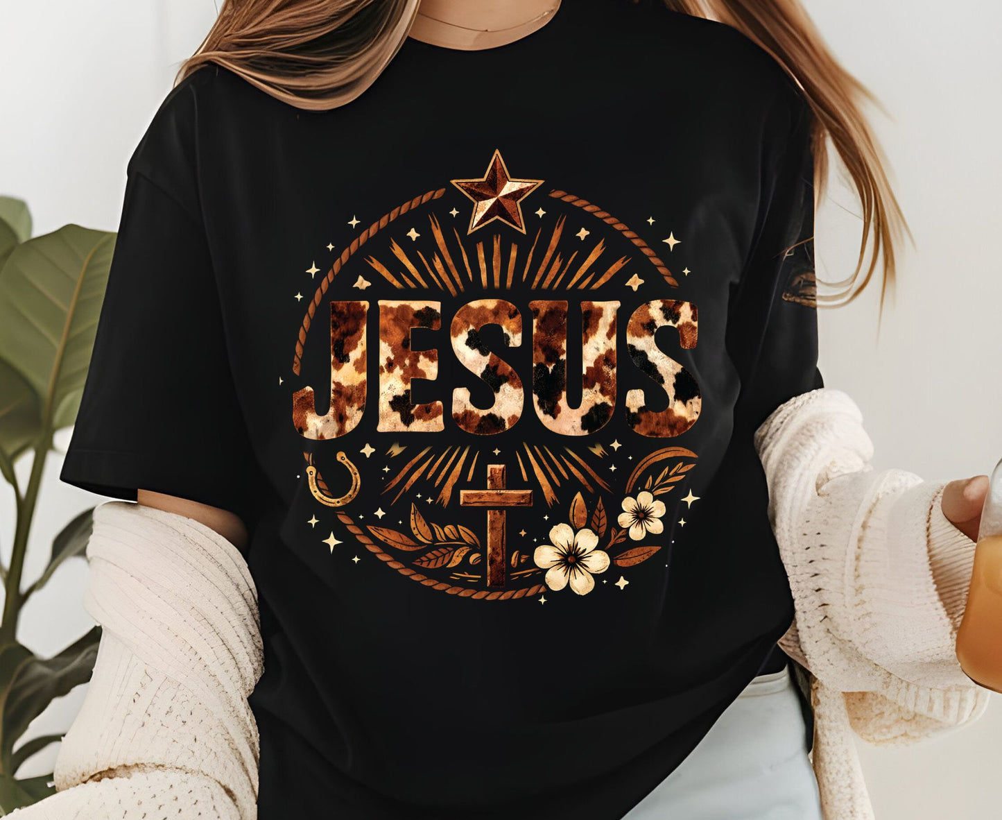 Jesus Western Cow Print T Shirt Christian Cowboy Tee Religious Cross Shirt Faith Gift Adult Youth Toddler Baby Boho Rodeo Apparel