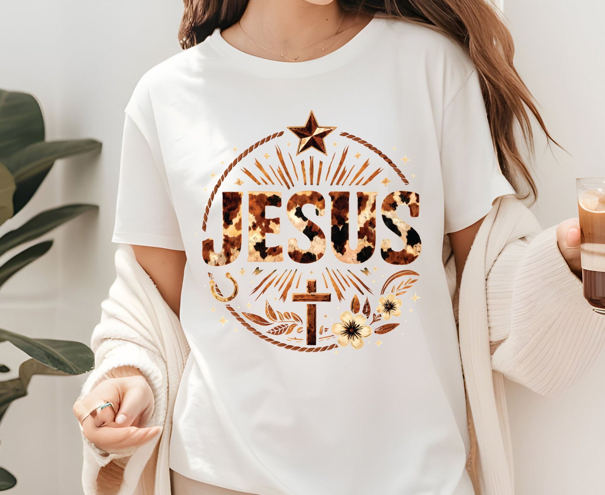 Jesus Western Cow Print T Shirt Christian Cowboy Tee Religious Cross Shirt Faith Gift Adult Youth Toddler Baby Boho Rodeo Apparel