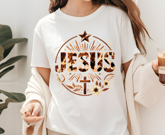 Jesus Western Cow Print T Shirt Christian Cowboy Tee Religious Cross Shirt Faith Gift Adult Youth Toddler Baby Boho Rodeo Apparel