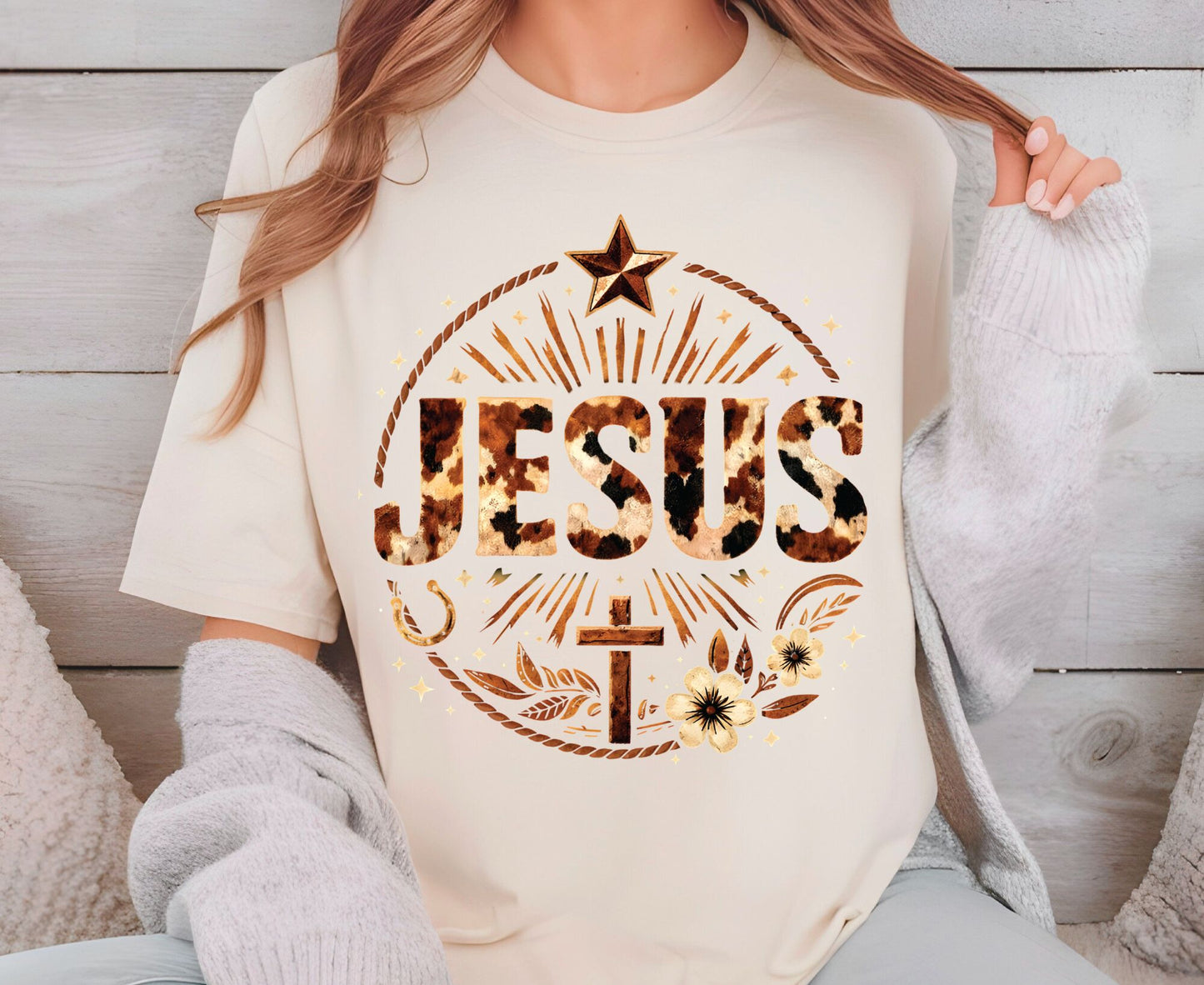 Jesus Western Cow Print T Shirt Christian Cowboy Tee Religious Cross Shirt Faith Gift Adult Youth Toddler Baby Boho Rodeo Apparel