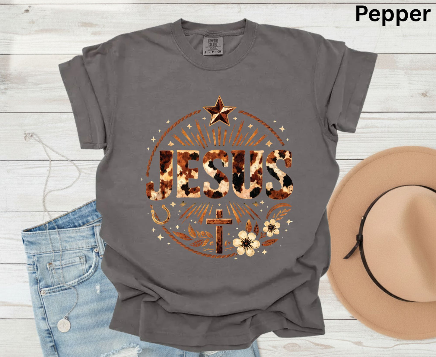 Jesus Western Cow Print T Shirt Christian Cowboy Tee Religious Cross Shirt Faith Gift Adult Youth Toddler Baby Boho Rodeo Apparel