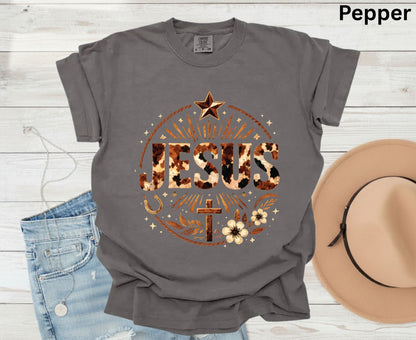 Jesus Western Cow Print T Shirt Christian Cowboy Tee Religious Cross Shirt Faith Gift Adult Youth Toddler Baby Boho Rodeo Apparel