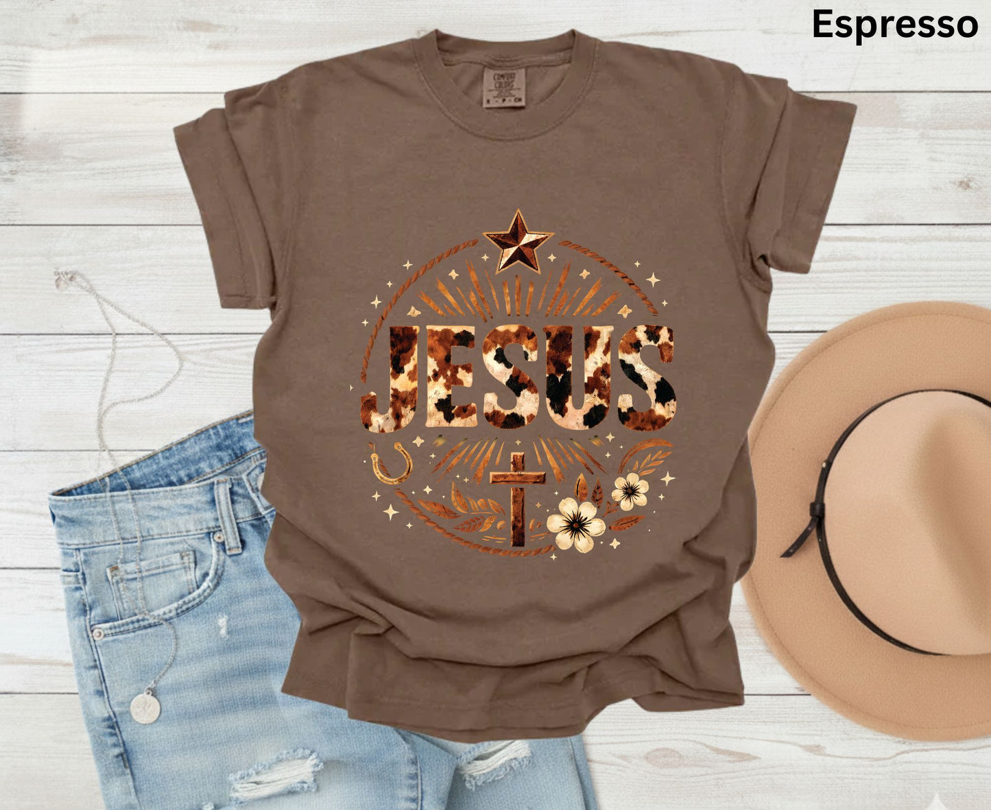 Jesus Western Cow Print T Shirt Christian Cowboy Tee Religious Cross Shirt Faith Gift Adult Youth Toddler Baby Boho Rodeo Apparel