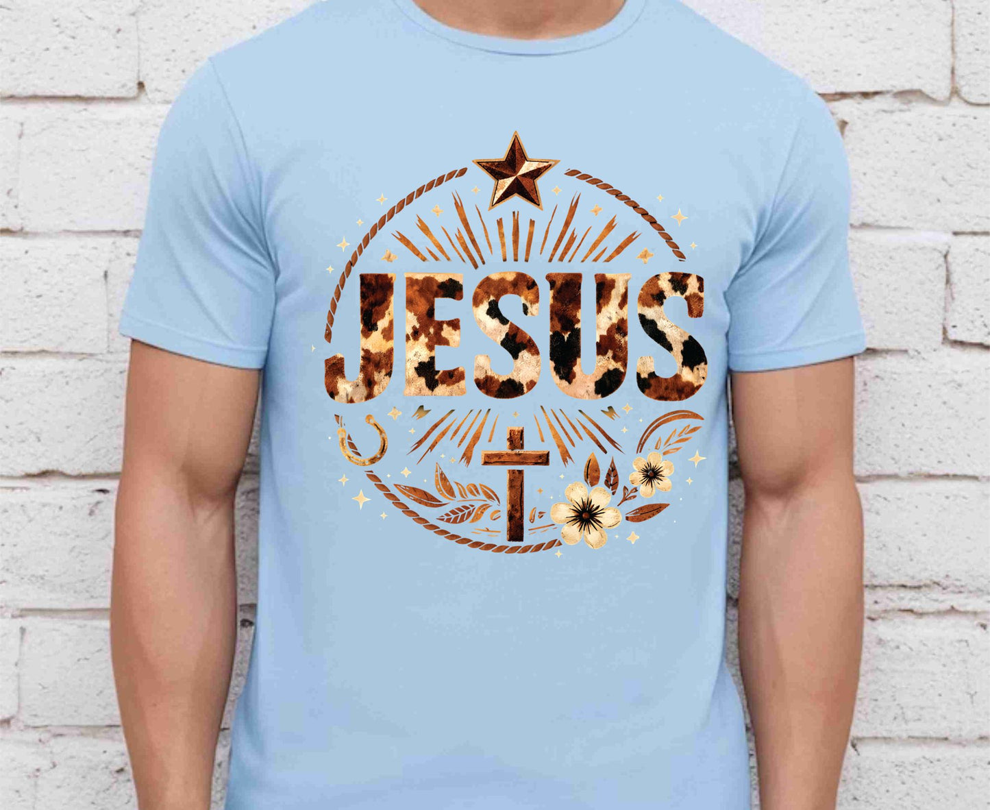 Jesus Western Cow Print T Shirt Christian Cowboy Tee Religious Cross Shirt Faith Gift Adult Youth Toddler Baby Boho Rodeo Apparel