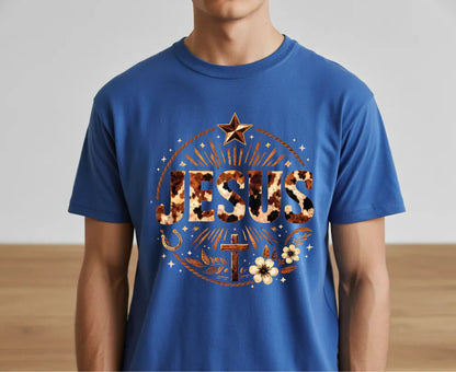 Jesus Western Cow Print T Shirt Christian Cowboy Tee Religious Cross Shirt Faith Gift Adult Youth Toddler Baby Boho Rodeo Apparel