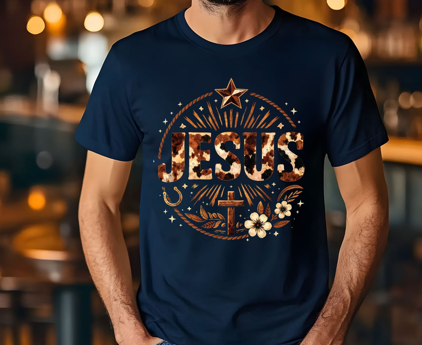 Jesus Western Cow Print T Shirt Christian Cowboy Tee Religious Cross Shirt Faith Gift Adult Youth Toddler Baby Boho Rodeo Apparel