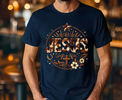 Jesus Western Cow Print T Shirt Christian Cowboy Tee Religious Cross Shirt Faith Gift Adult Youth Toddler Baby Boho Rodeo Apparel