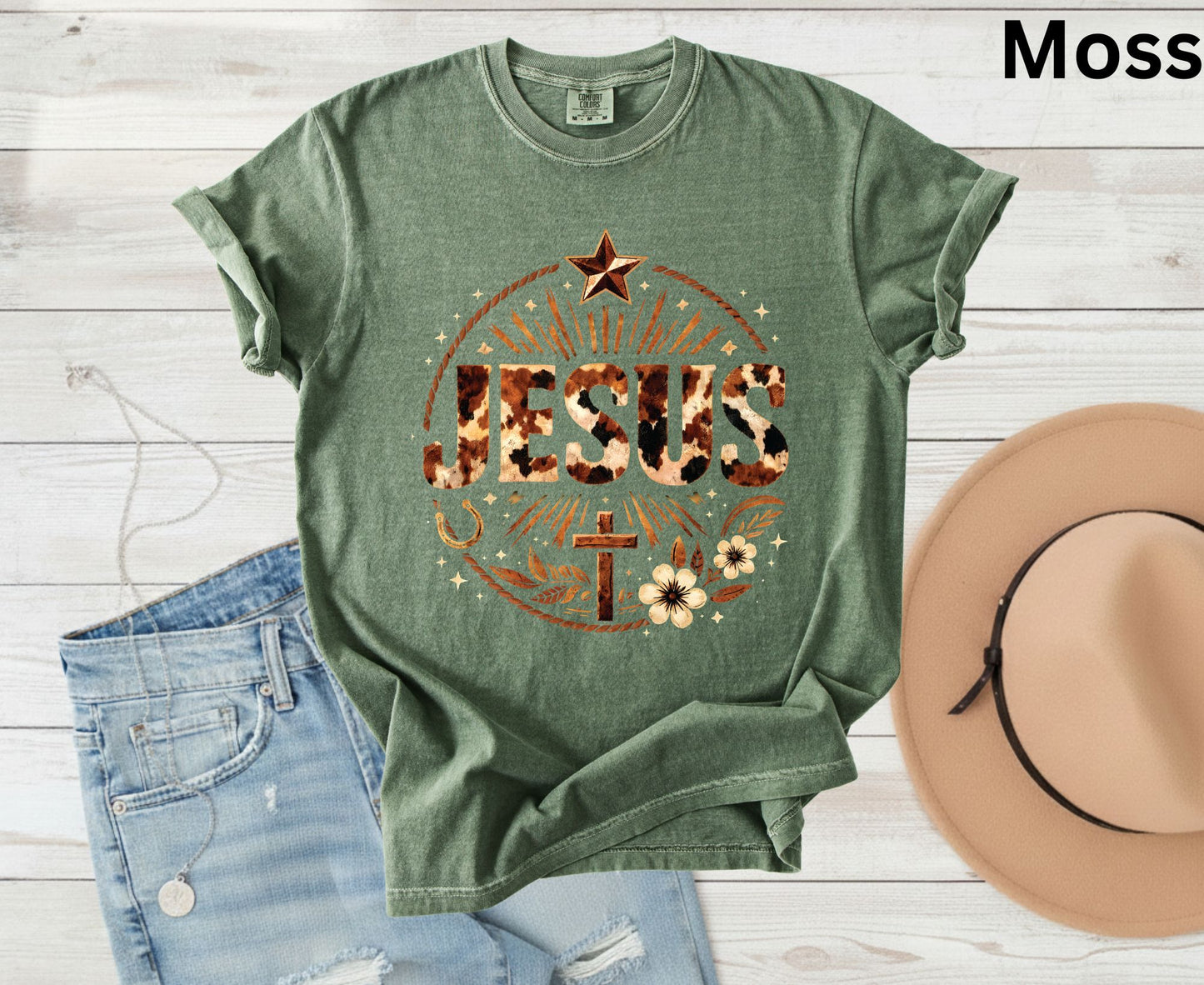 Jesus Western Cow Print T Shirt Christian Cowboy Tee Religious Cross Shirt Faith Gift Adult Youth Toddler Baby Boho Rodeo Apparel
