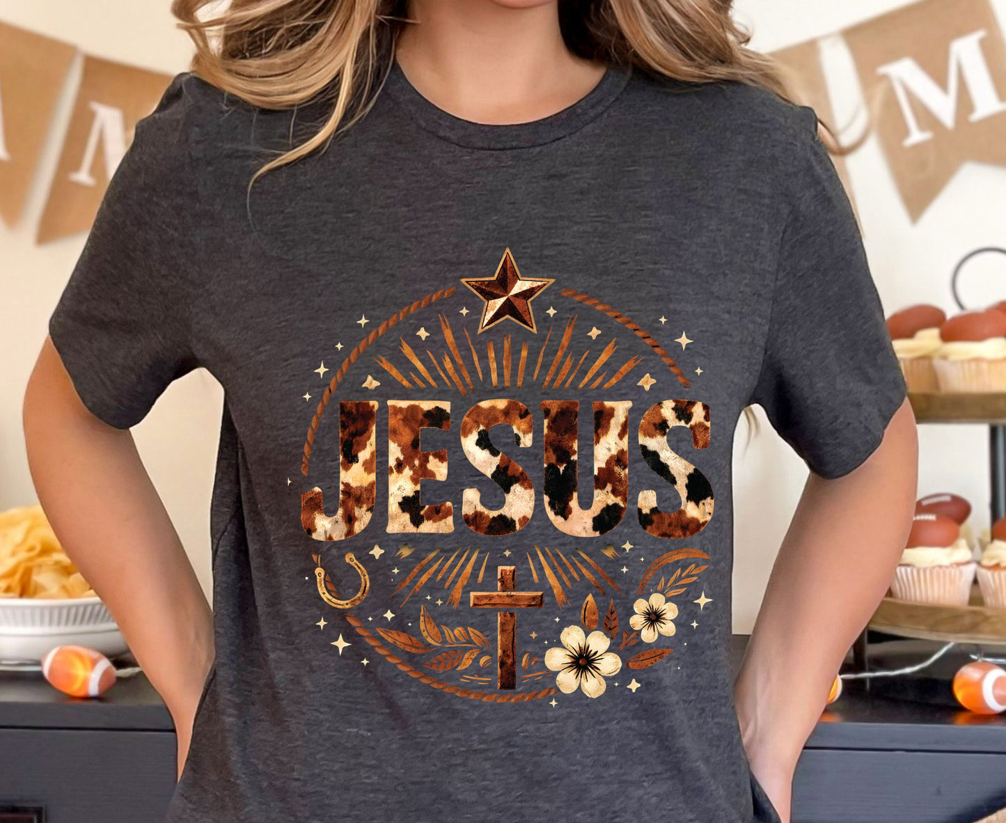 Jesus Western Cow Print T Shirt Christian Cowboy Tee Religious Cross Shirt Faith Gift Adult Youth Toddler Baby Boho Rodeo Apparel