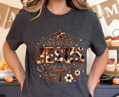 Jesus Western Cow Print T Shirt Christian Cowboy Tee Religious Cross Shirt Faith Gift Adult Youth Toddler Baby Boho Rodeo Apparel