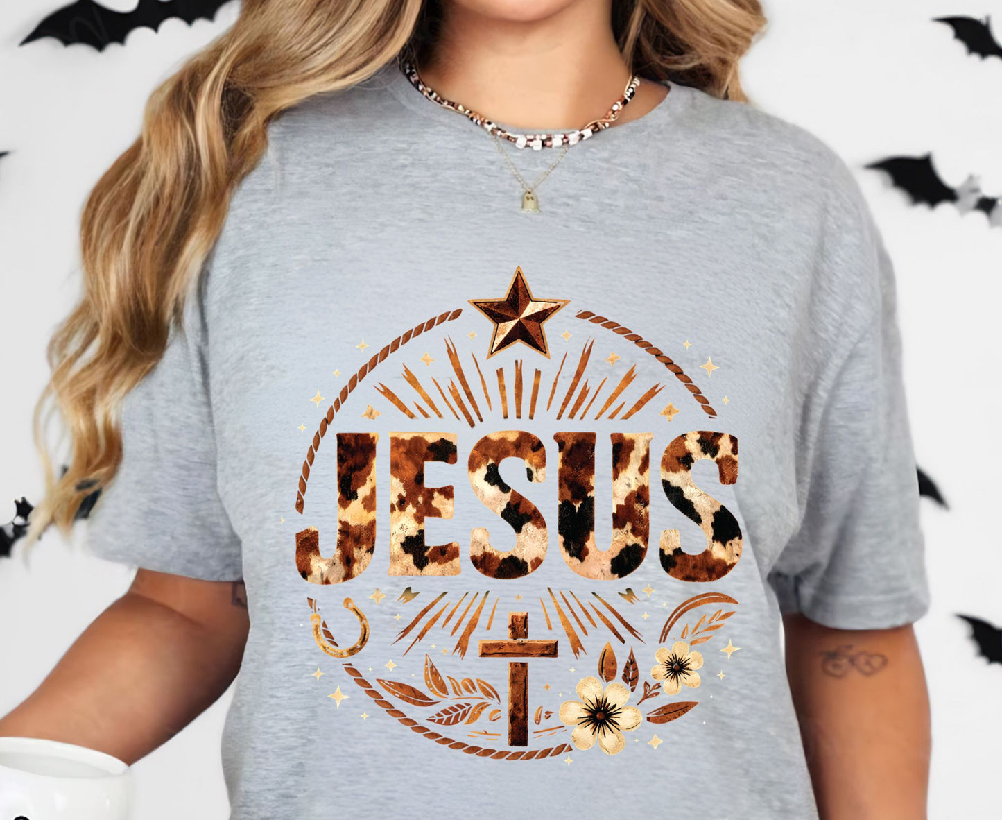 Jesus Western Cow Print T Shirt Christian Cowboy Tee Religious Cross Shirt Faith Gift Adult Youth Toddler Baby Boho Rodeo Apparel