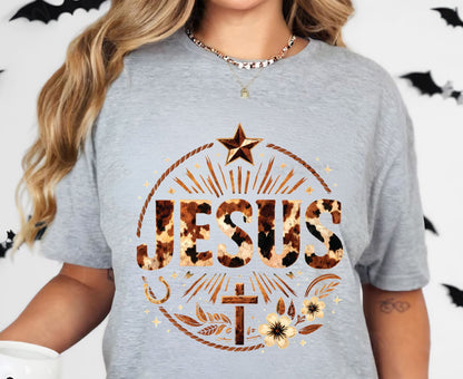 Jesus Western Cow Print T Shirt Christian Cowboy Tee Religious Cross Shirt Faith Gift Adult Youth Toddler Baby Boho Rodeo Apparel
