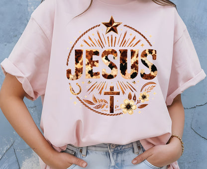 Jesus Western Cow Print T Shirt Christian Cowboy Tee Religious Cross Shirt Faith Gift Adult Youth Toddler Baby Boho Rodeo Apparel