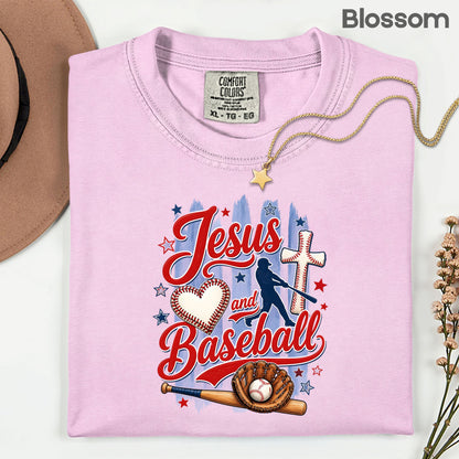 Jesus and Baseball Comfort Colors T Shirts Cute Christian Sports Tee Baseball Cross Glove Shirt Patriotic Stars Red White Blue Faith Graphic Hoodie