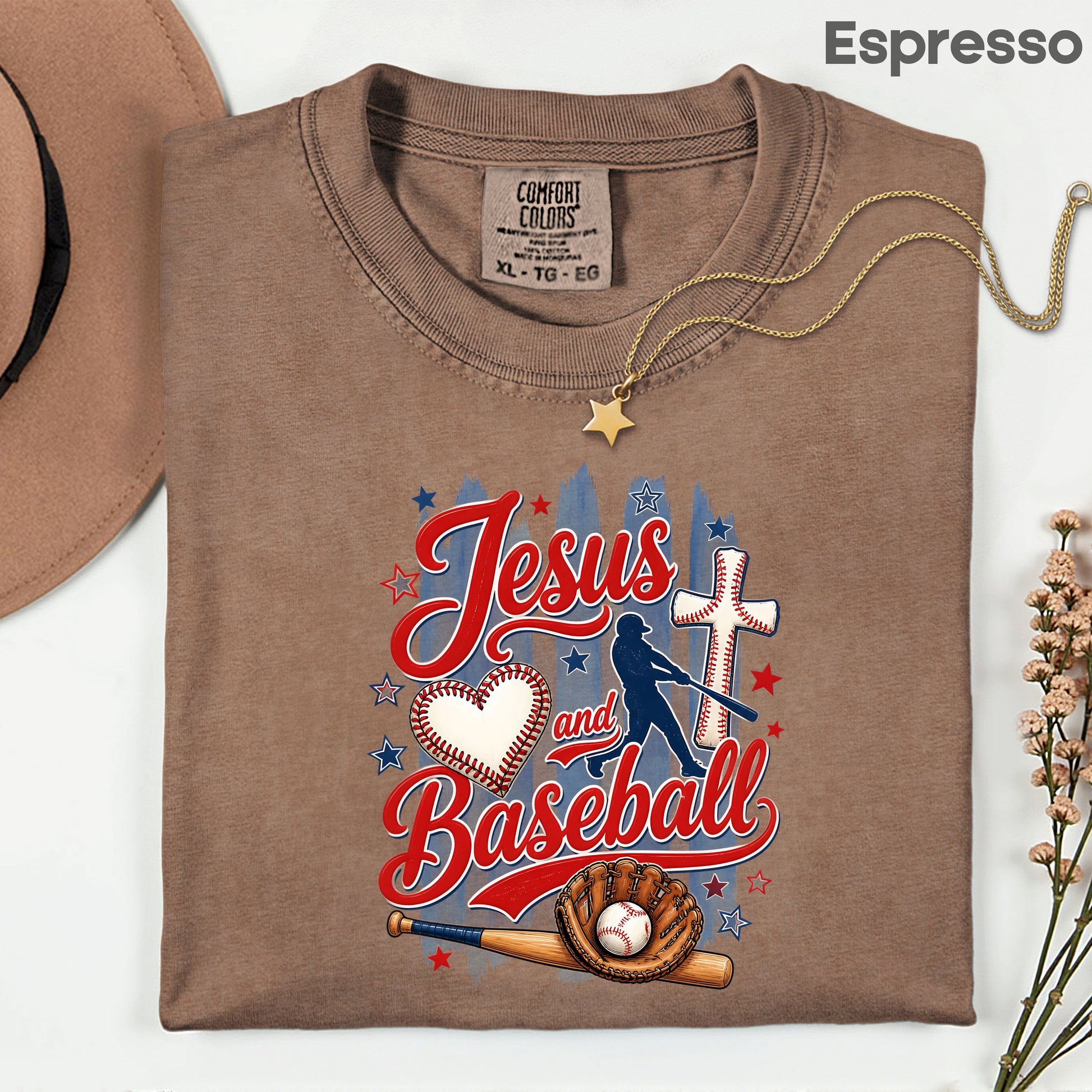 Jesus and Baseball Comfort Colors T Shirts Cute Christian Sports Tee Baseball Cross Glove Shirt Patriotic Stars Red White Blue Faith Graphic Hoodie