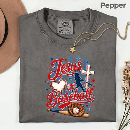 Jesus and Baseball Comfort Colors T Shirts Cute Christian Sports Tee Baseball Cross Glove Shirt Patriotic Stars Red White Blue Faith Graphic Hoodie