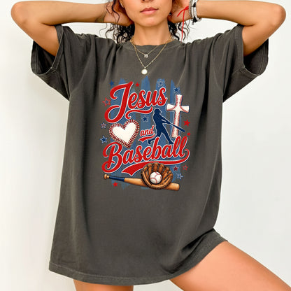 Jesus and Baseball Comfort Colors T Shirts Cute Christian Sports Tee Baseball Cross Glove Shirt Patriotic Stars Red White Blue Faith Graphic Hoodie