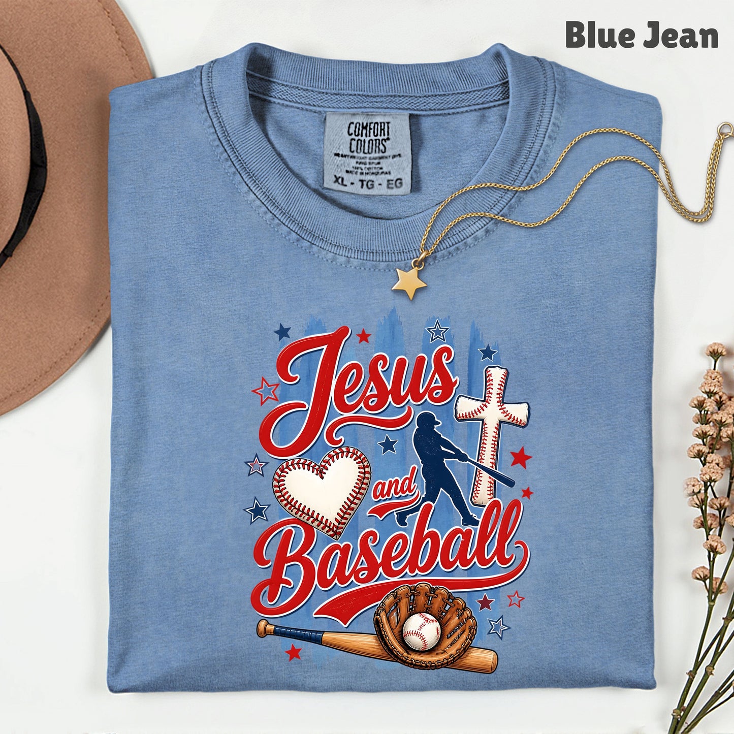 Jesus and Baseball Comfort Colors T Shirts Cute Christian Sports Tee Baseball Cross Glove Shirt Patriotic Stars Red White Blue Faith Graphic Hoodie