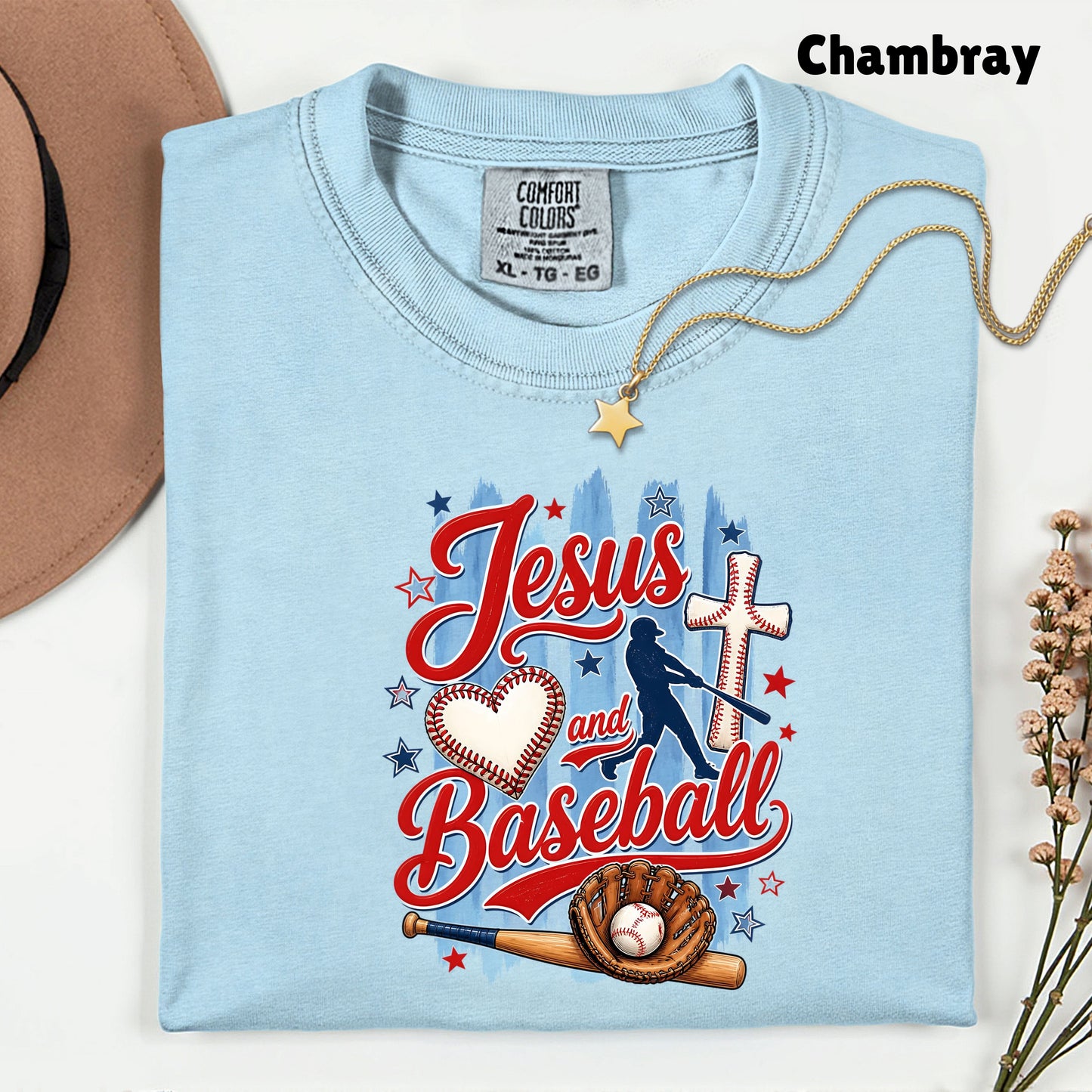 Jesus and Baseball Comfort Colors T Shirts Cute Christian Sports Tee Baseball Cross Glove Shirt Patriotic Stars Red White Blue Faith Graphic Hoodie