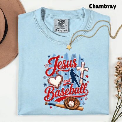 Jesus and Baseball Comfort Colors T Shirts Cute Christian Sports Tee Baseball Cross Glove Shirt Patriotic Stars Red White Blue Faith Graphic Hoodie