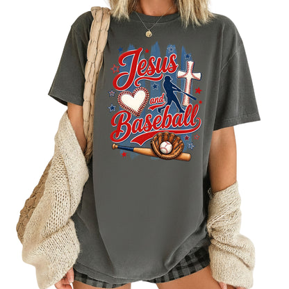 Jesus and Baseball Comfort Colors T Shirts Cute Christian Sports Tee Baseball Cross Glove Shirt Patriotic Stars Red White Blue Faith Graphic Hoodie