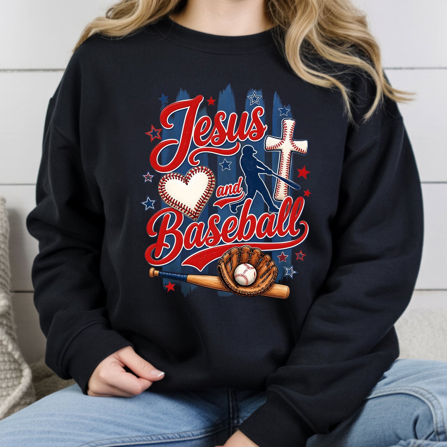 Jesus and Baseball Comfort Colors T Shirts Cute Christian Sports Tee Baseball Cross Glove Shirt Patriotic Stars Red White Blue Faith Graphic Hoodie
