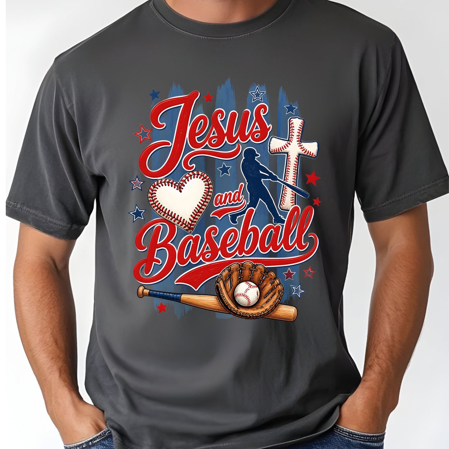 Jesus and Baseball Comfort Colors T Shirts Cute Christian Sports Tee Baseball Cross Glove Shirt Patriotic Stars Red White Blue Faith Graphic Hoodie