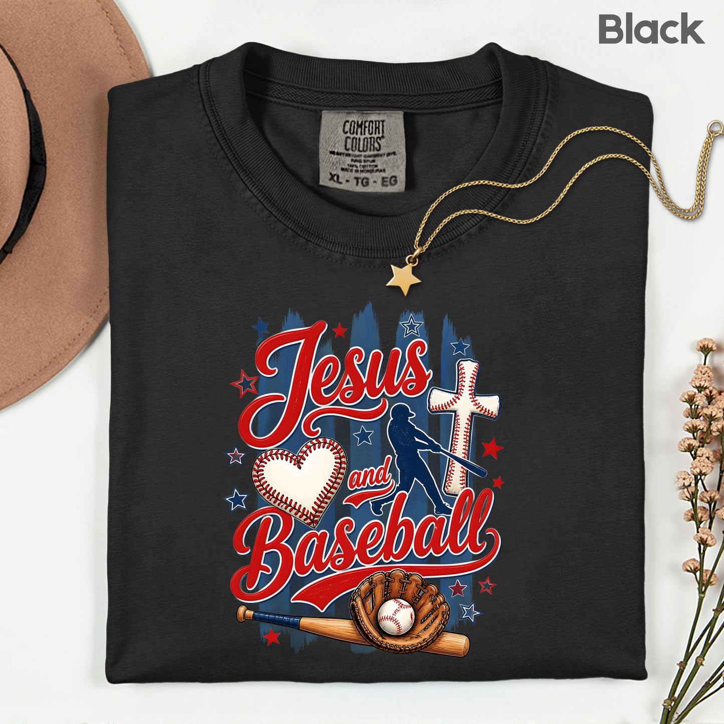 Jesus and Baseball Comfort Colors T Shirts Cute Christian Sports Tee Baseball Cross Glove Shirt Patriotic Stars Red White Blue Faith Graphic Hoodie
