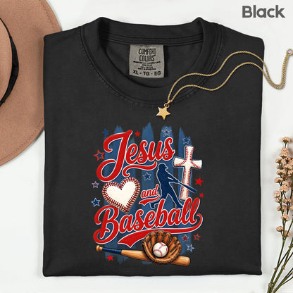 Jesus and Baseball Comfort Colors T Shirts Cute Christian Sports Tee Baseball Cross Glove Shirt Patriotic Stars Red White Blue Faith Graphic Hoodie