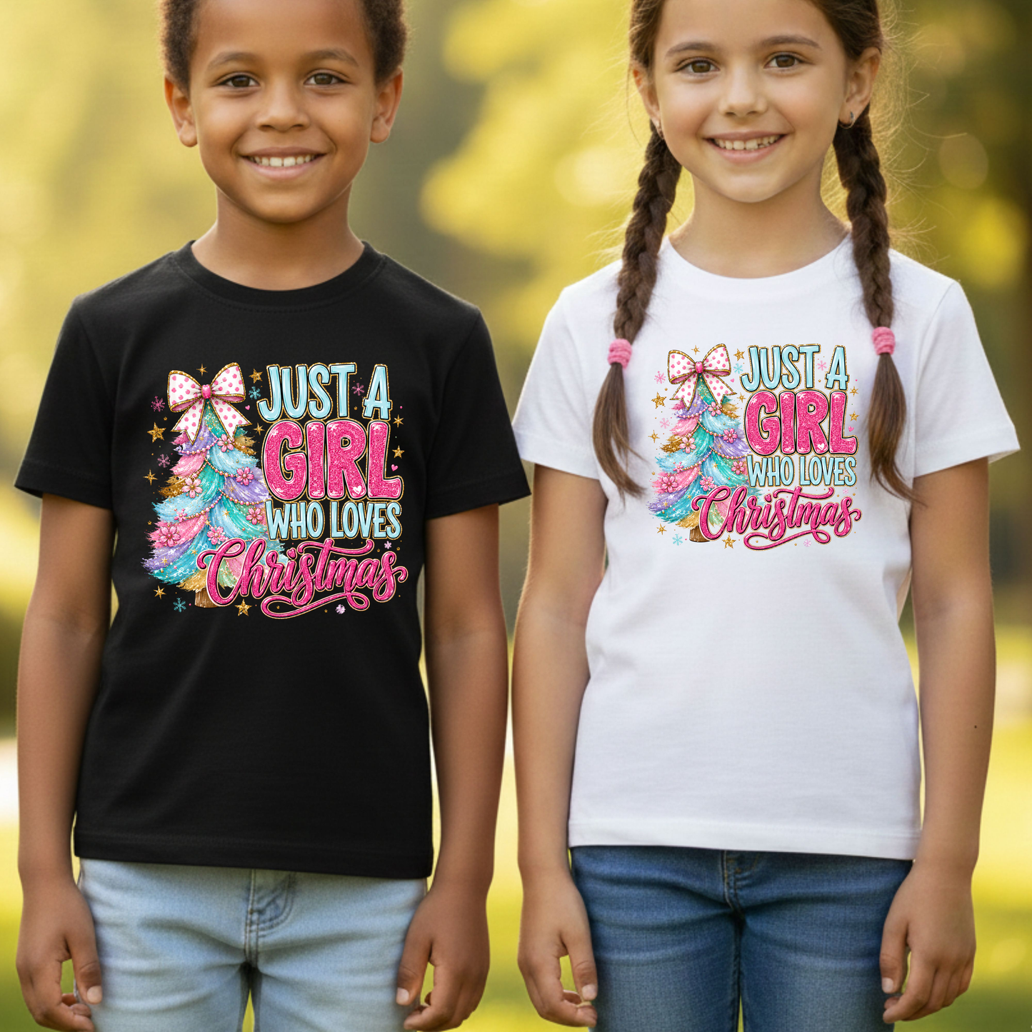Just A Girl Who Loves Christmas Comfort Colors T Shirts Cute Colorful Christmas Tree Tee Pastel Pink Holiday Graphic Shirt Winter Hoodie